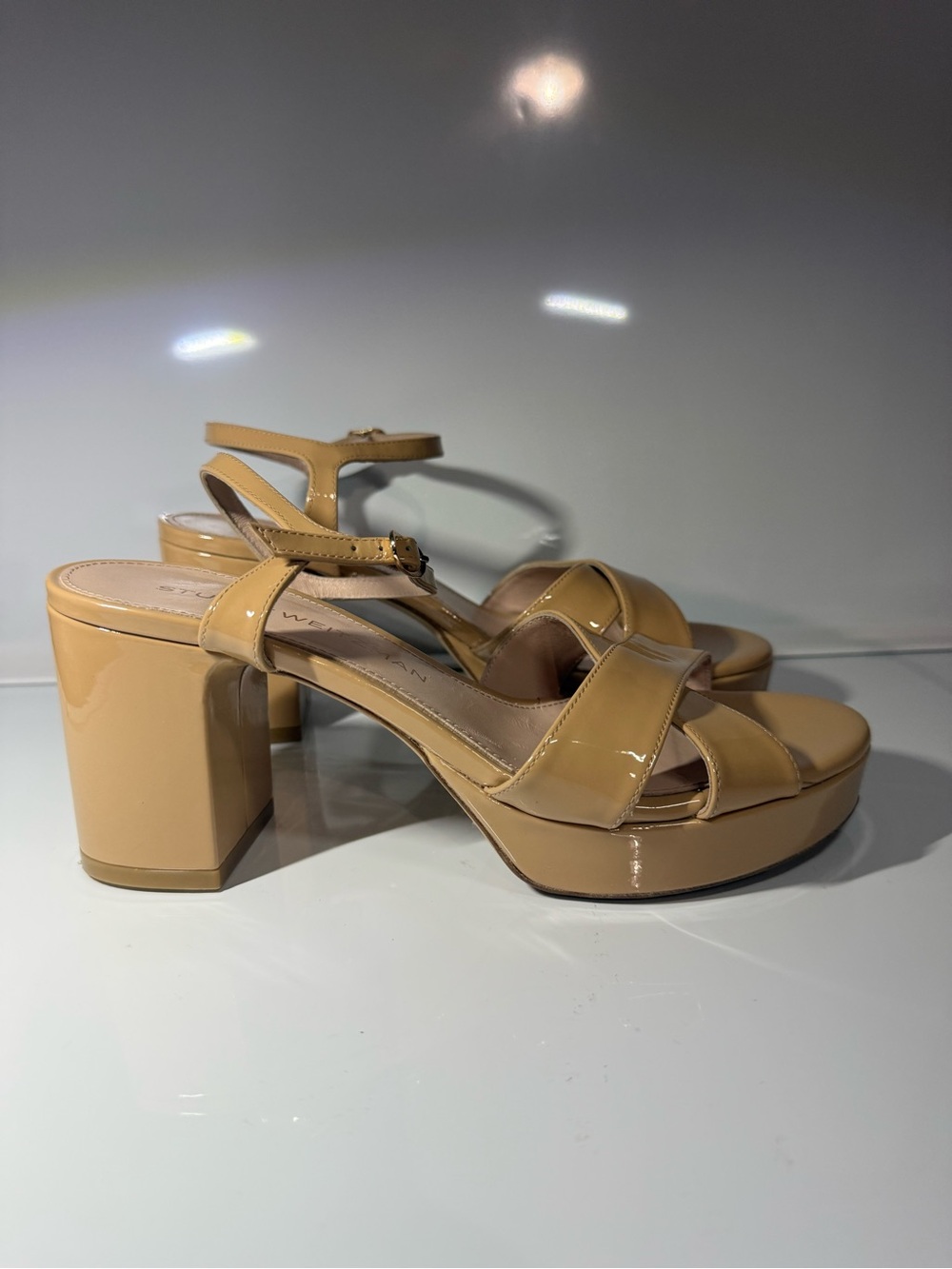 Stuart Weitzman Women’s Beige Patent Platform Sandals with Ankle Strap size8